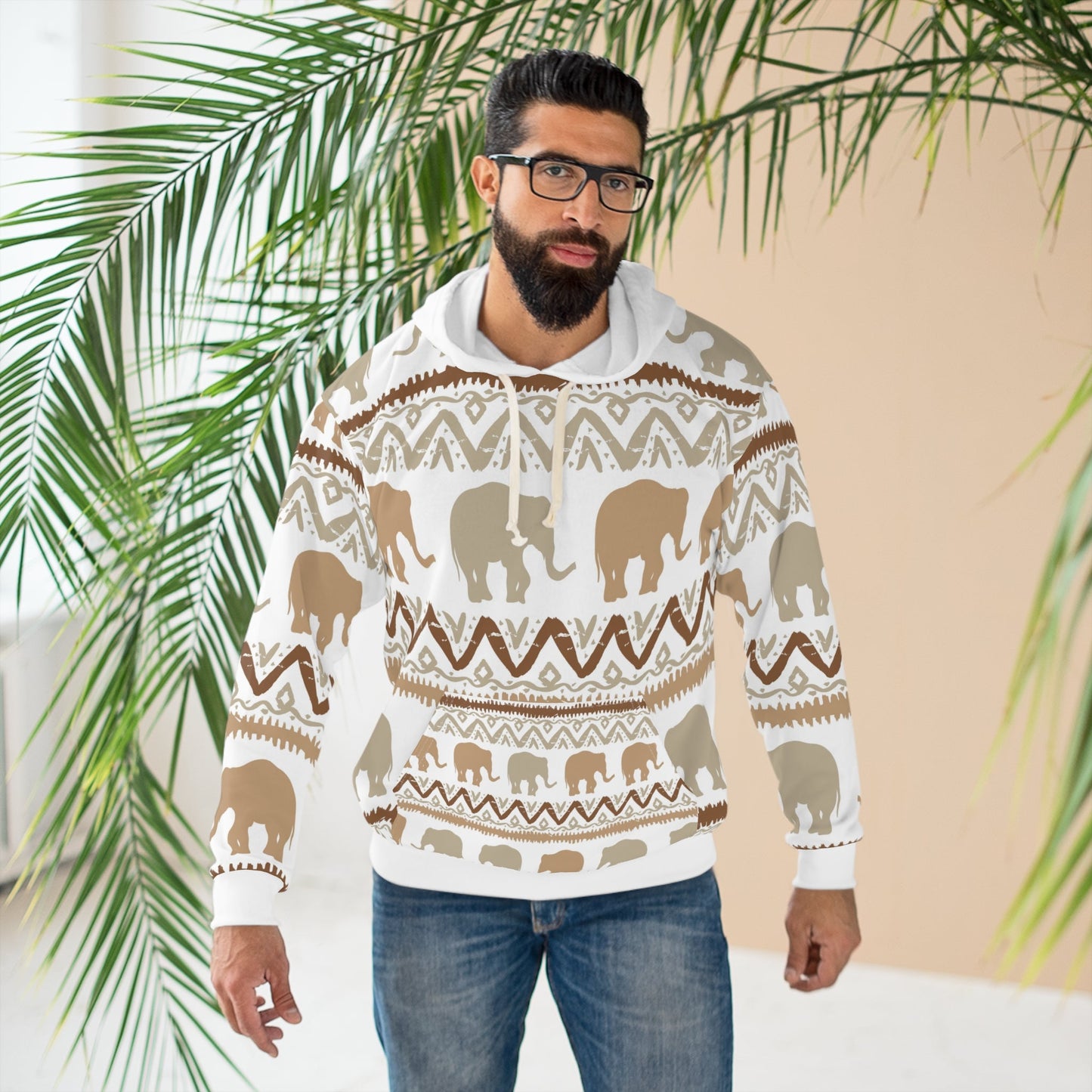 AOP Unisex Pullover Hoodie Elephant pattern in White and Gold - I Love Heartstrings