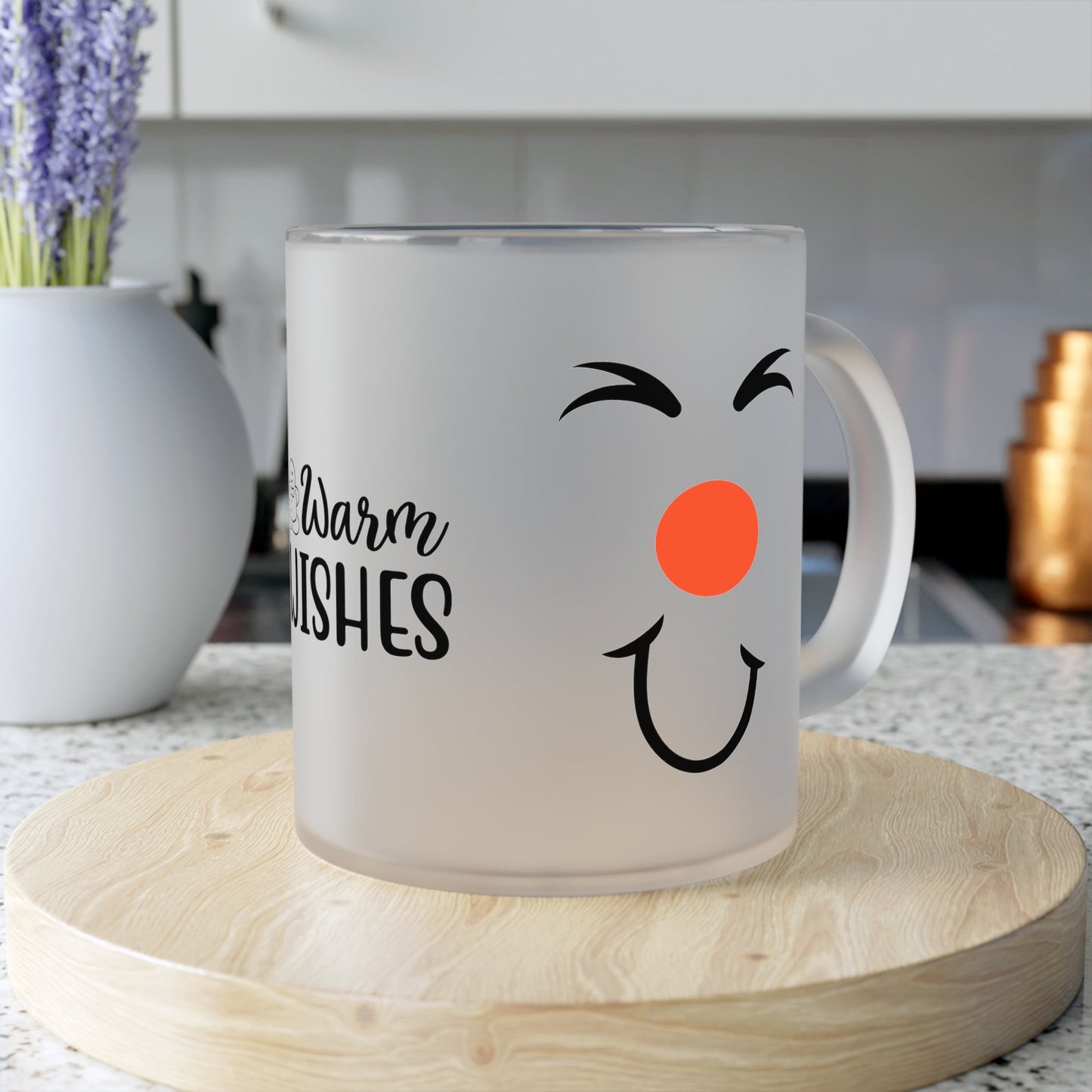 Cute Snowman Face Cup Frosted Glass Snowman Mug 11 oz. Holiday gift mug with Warm Wishes Quote Coffee cup Seasonal gift idea Two-sided print Christmas present - I Love Heartstrings