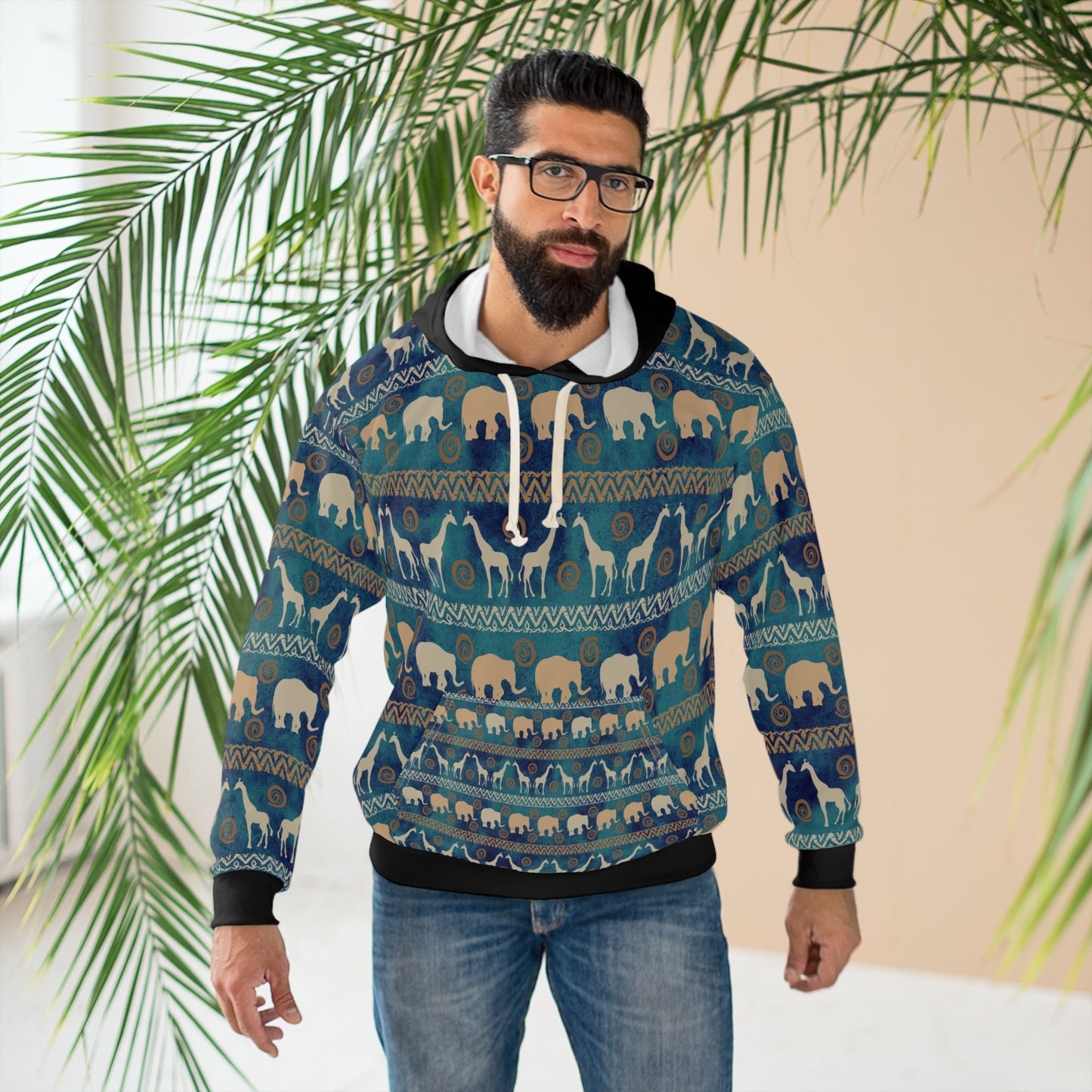 Giraffe and Elephant AOP Unisex Pullover Hoodie - I Love Heartstrings