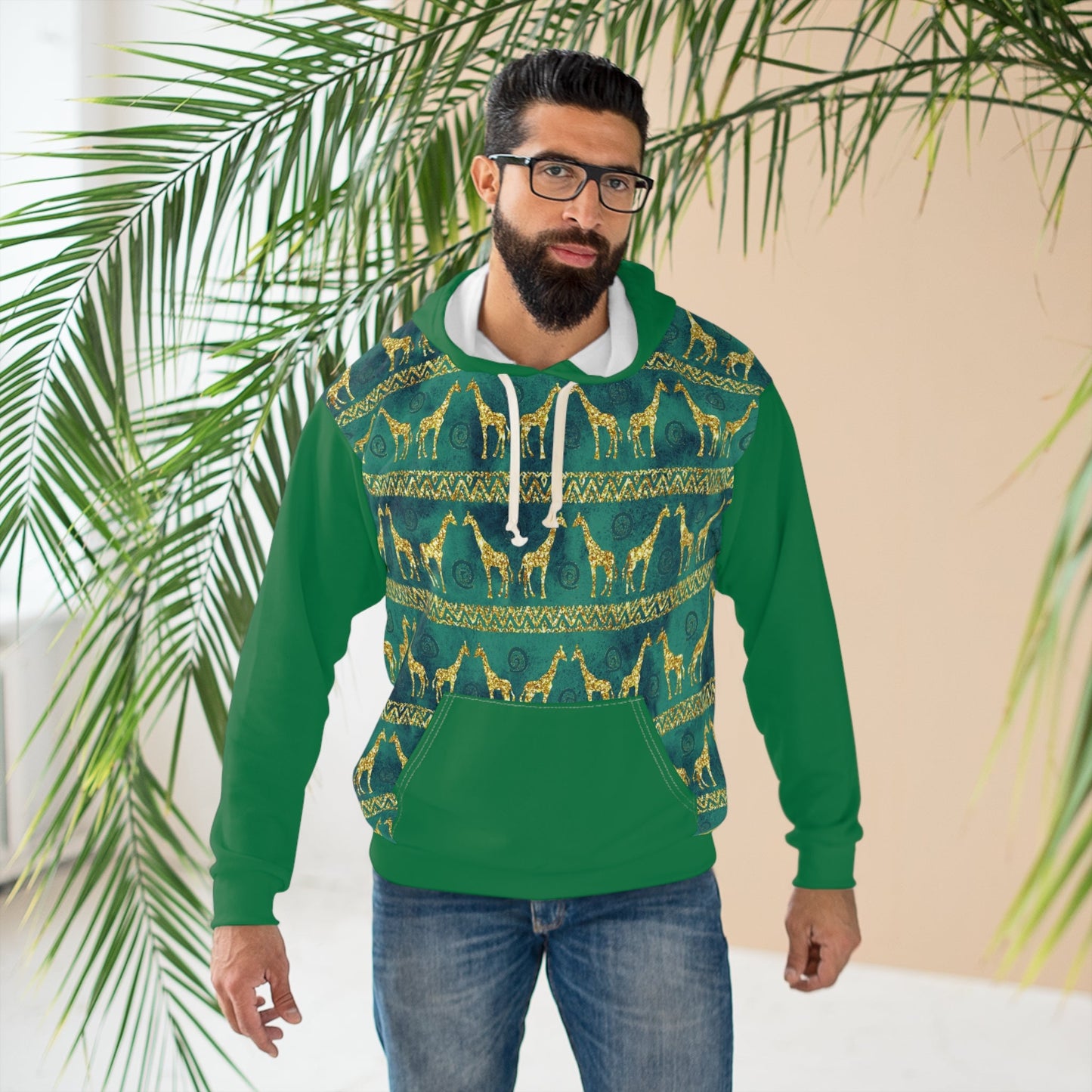 Green and Gold Pullover Unisex Hoodie Giraffe African Print pattern - I Love Heartstrings