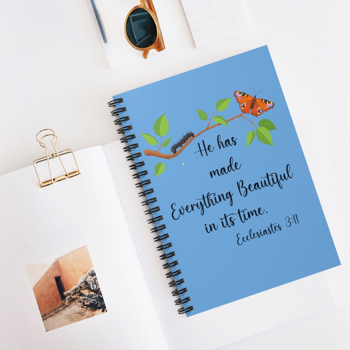 Light blue Ecclesiastes 3:11 Butterfly Spiral Bible Notebook Journal Ruled Line paper Christian journal for women keeping the faith gift for new believers - I Love Heartstrings