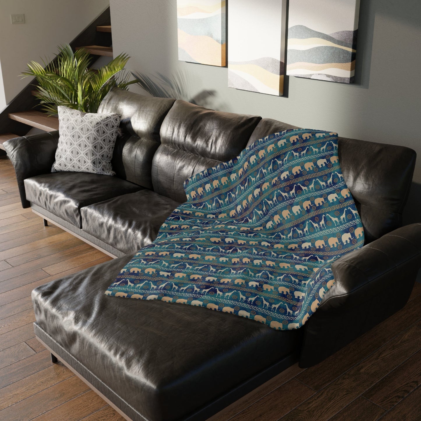 Velveteen Minky Blanket (Two-sided print) African Print with Elephants and Giraffes in Blue Gold and Green pattern - I Love Heartstrings