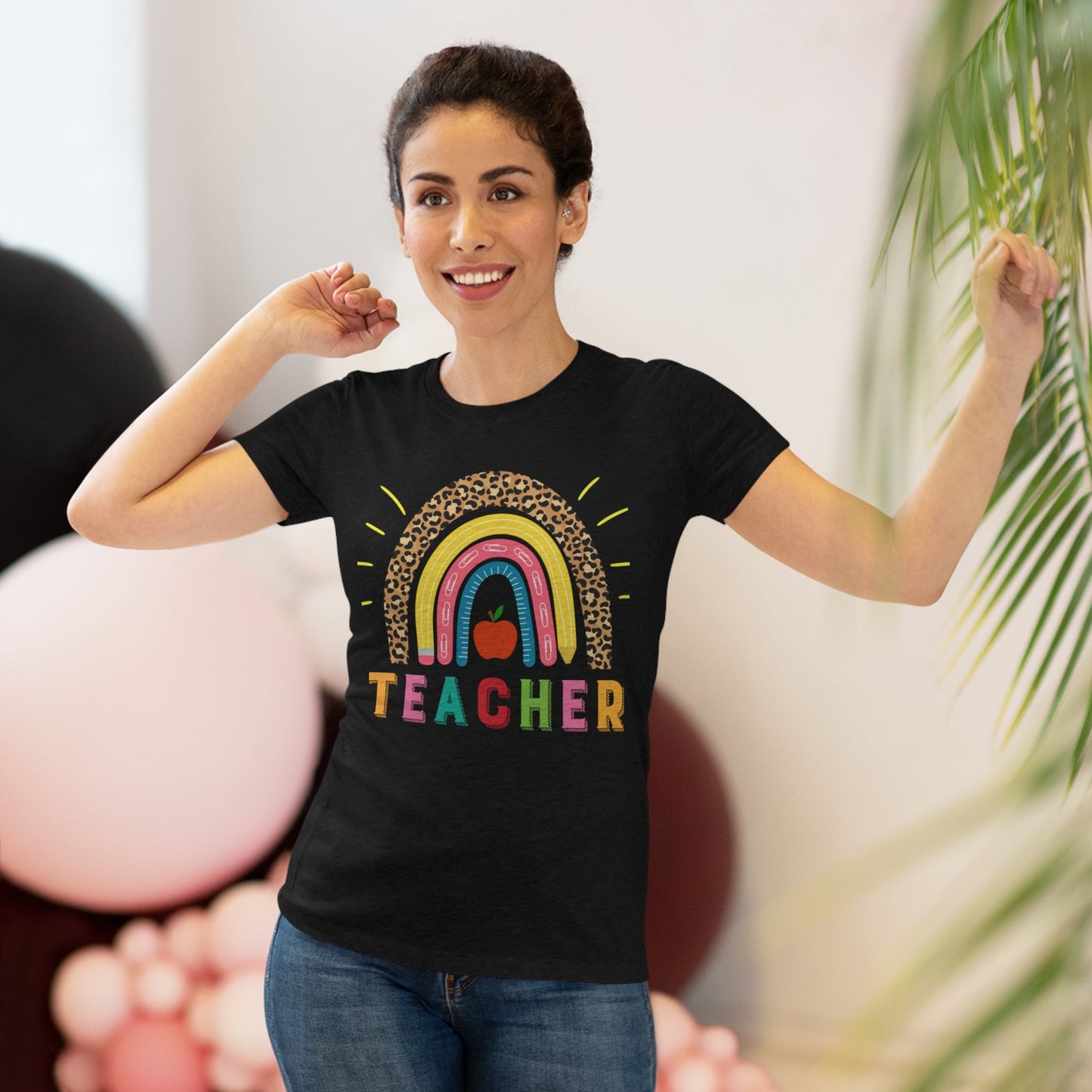 Women's Teacher Shirt in Black with Rainbow, Tri-blend Tee - I Love Heartstrings