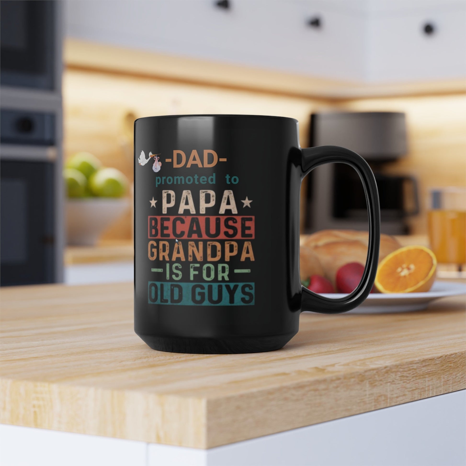 New Grandpa Promotion Mug, Dad promoted to Papa Black Mug (11oz, 15oz) New Grandfather Mug Baby Birth Announcement gift - I Love Heartstrings