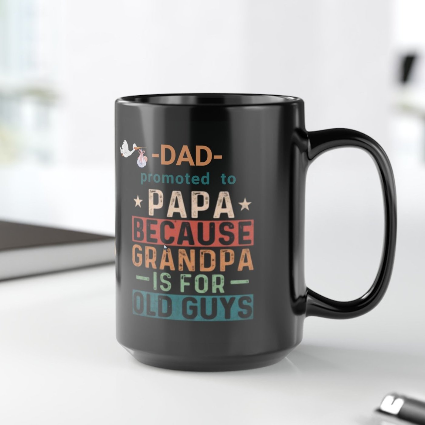 New Grandpa Promotion Mug, Dad promoted to Papa Black Mug (11oz, 15oz) New Grandfather Mug Baby Birth Announcement gift - I Love Heartstrings