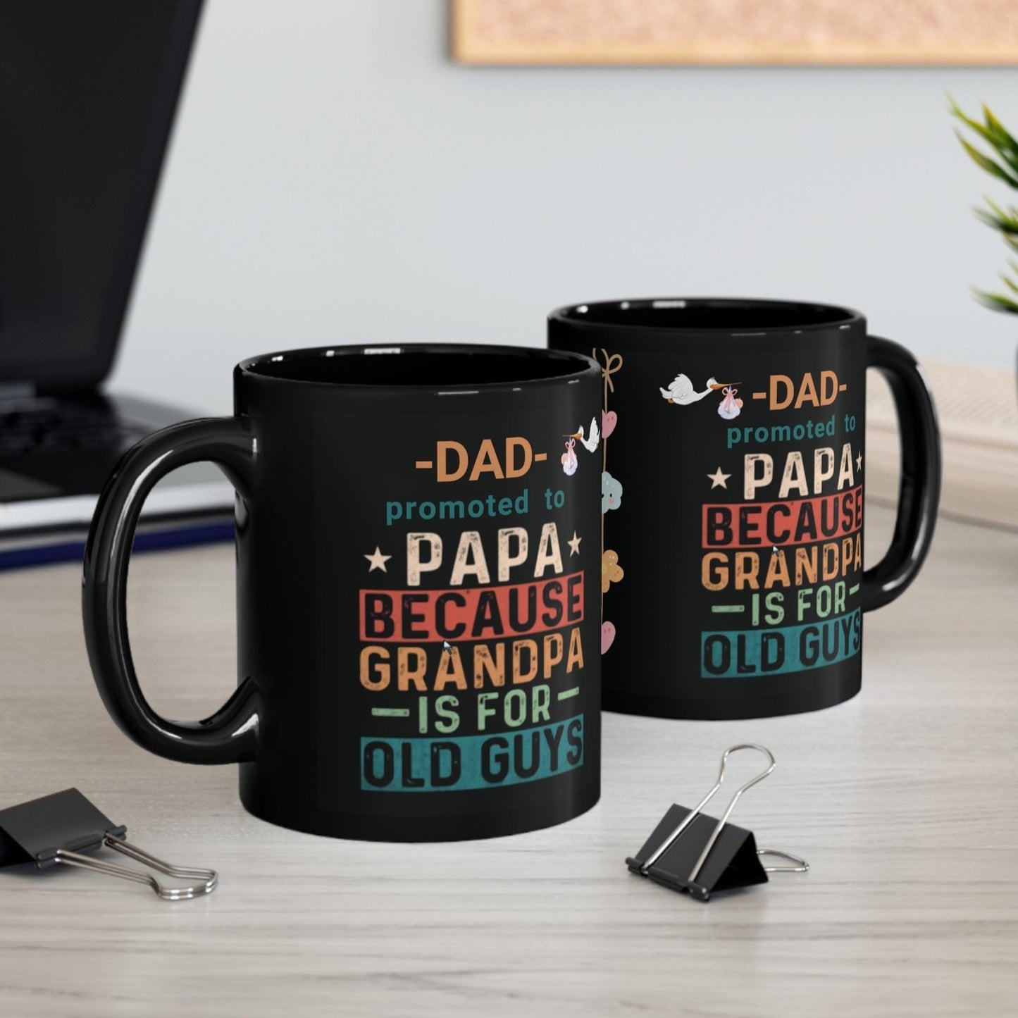 New Grandpa Promotion Mug, Dad promoted to Papa Black Mug (11oz, 15oz) New Grandfather Mug Baby Birth Announcement gift - I Love Heartstrings