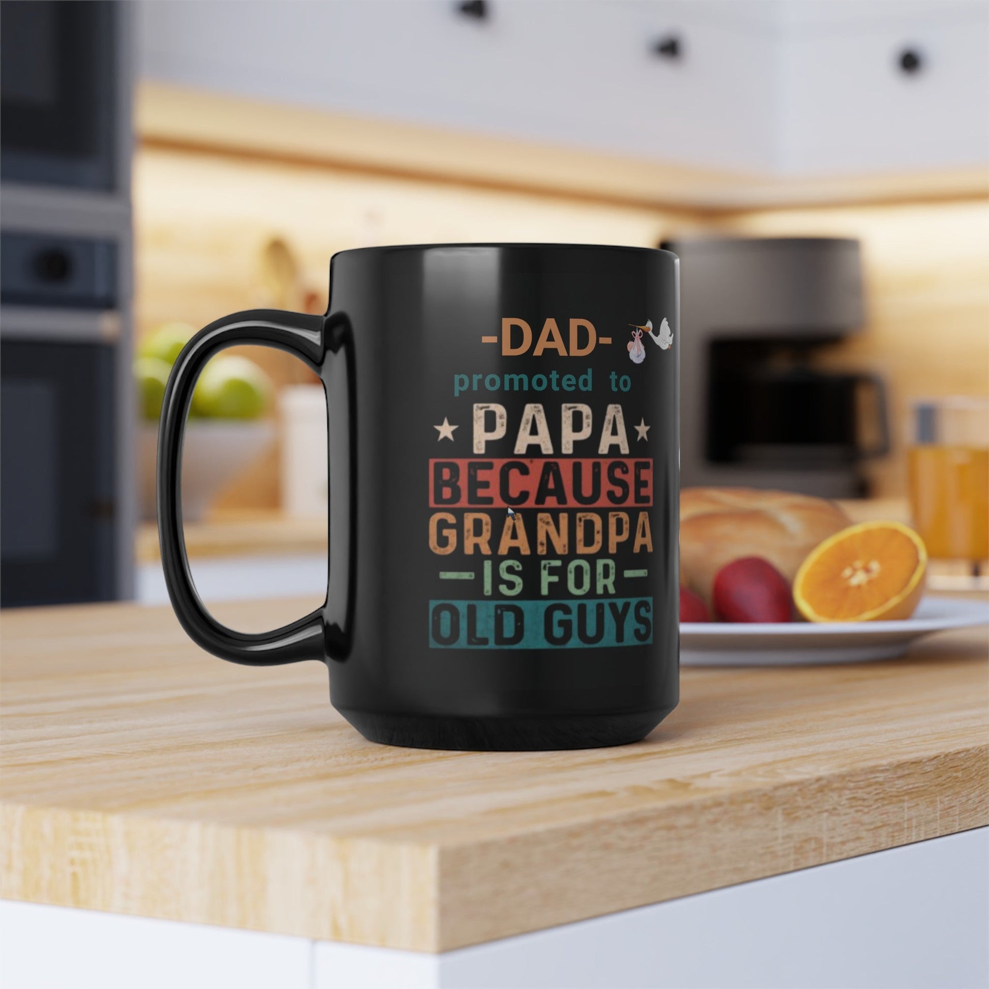 New Grandpa Promotion Mug, Dad promoted to Papa Black Mug (11oz, 15oz) New Grandfather Mug Baby Birth Announcement gift - I Love Heartstrings