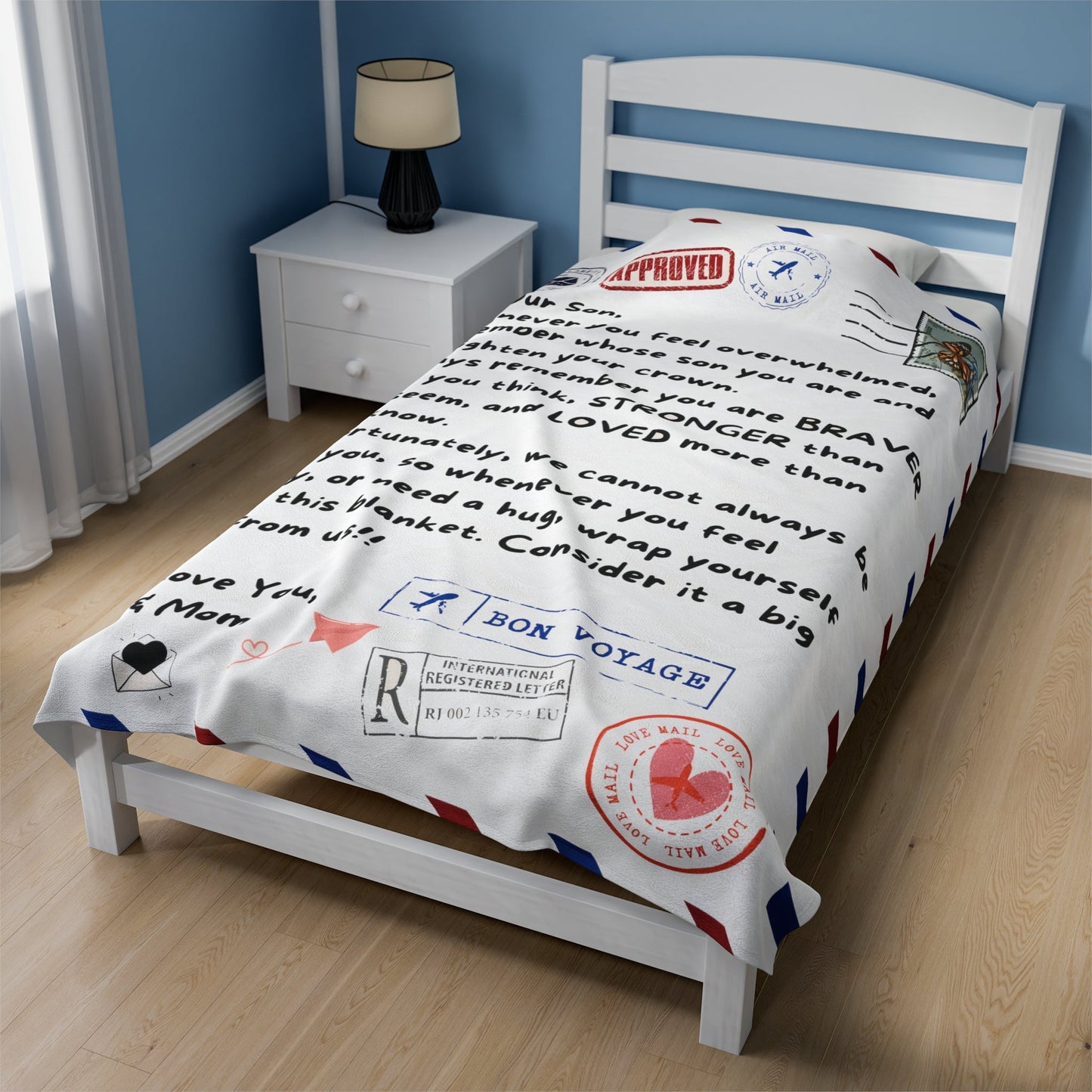 Blanket gift for Son from Dad and Mom, Son Message Blanket, Velveteen Plush Blanket Perfect gift for Dorm Room, - I Love Heartstrings