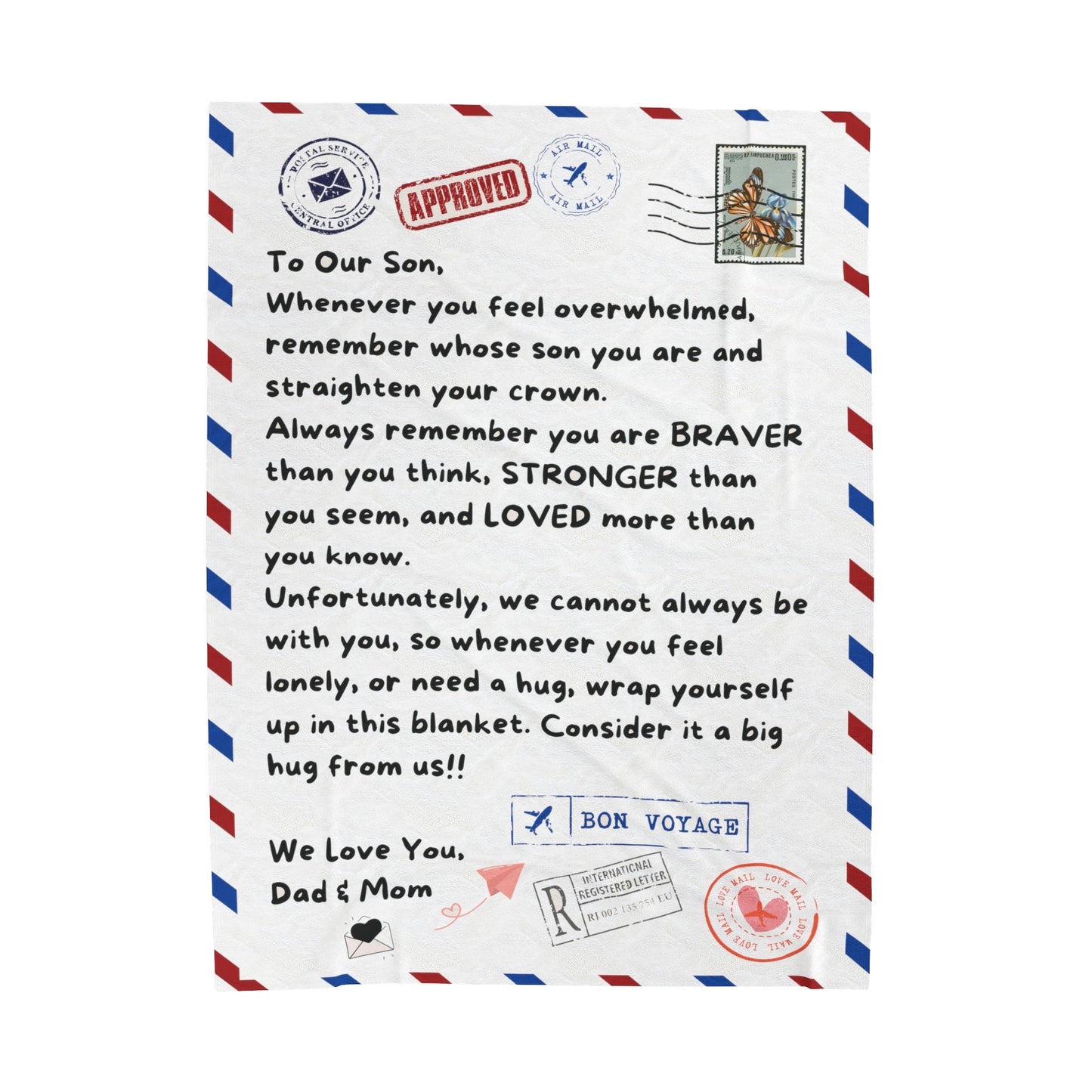 Blanket gift for Son from Dad and Mom, Son Message Blanket, Velveteen Plush Blanket Perfect gift for Dorm Room, - I Love Heartstrings