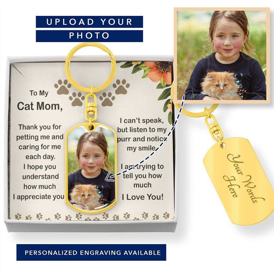Cat Mom Photo Dog Tag Keychain Cat Keepsake Gift For New Cat Owner Personalized Keychain - I Love Heartstrings