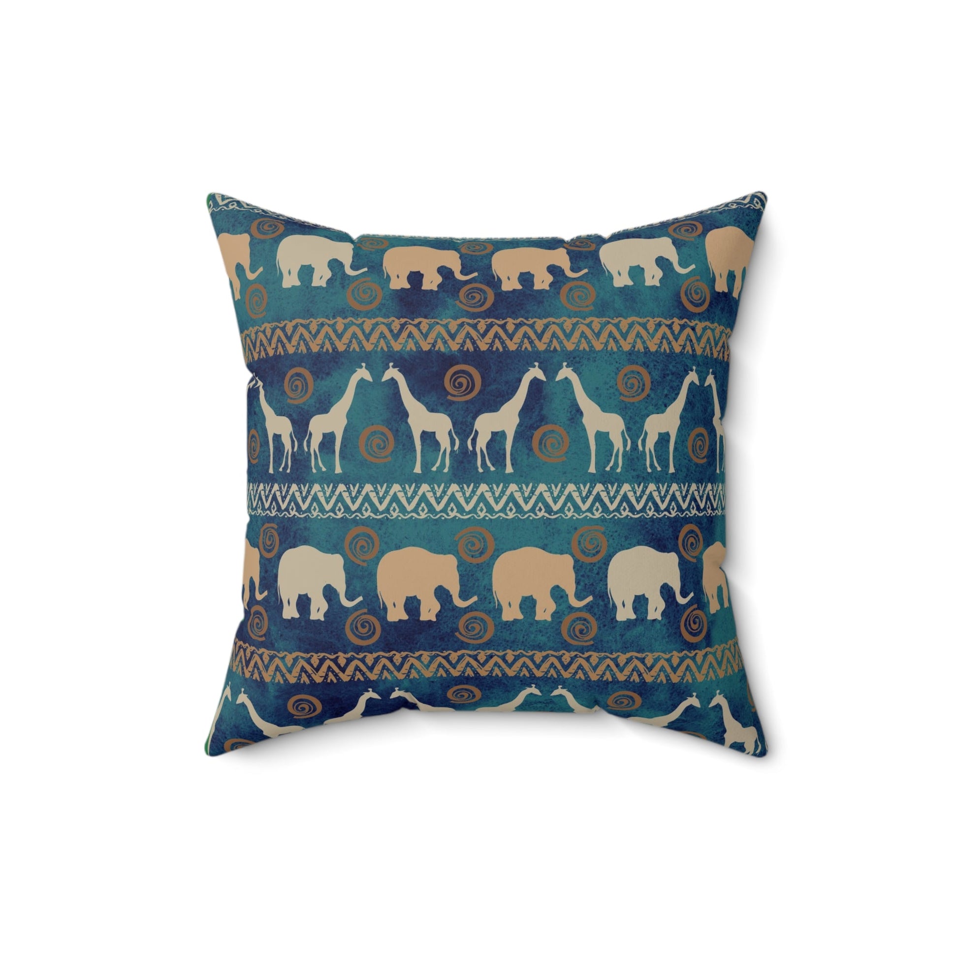 Elephant and Giraffe Pillow, African Print Throw Pillow, Green and Gold Pattern Spun Polyester Square Pillow - I Love Heartstrings