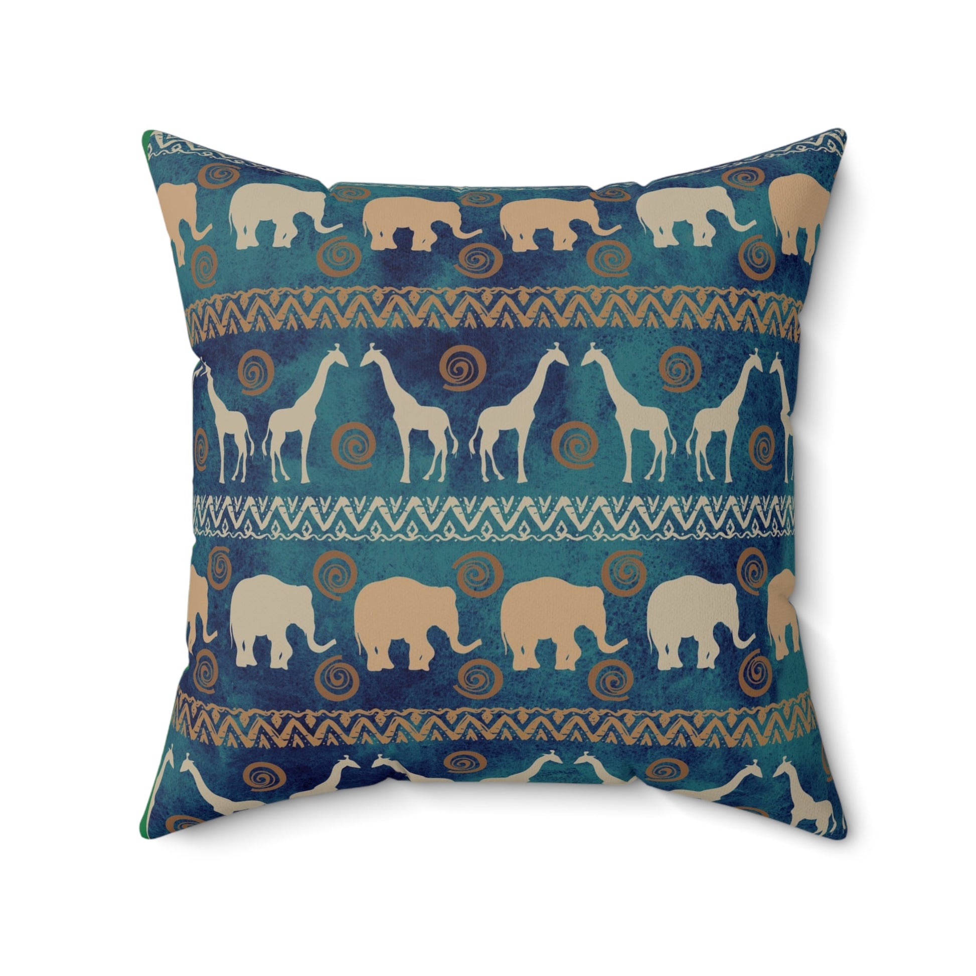 Elephant and Giraffe Pillow, African Print Throw Pillow, Green and Gold Pattern Spun Polyester Square Pillow - I Love Heartstrings