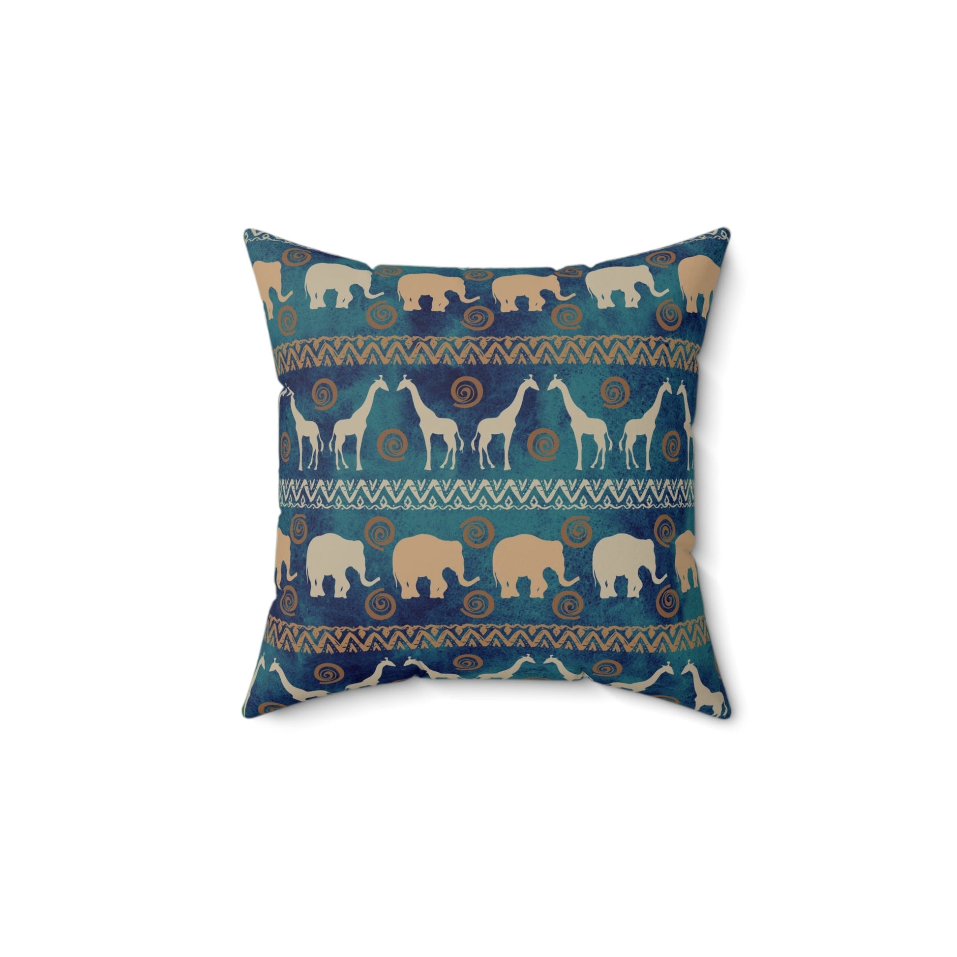 Elephant and Giraffe Pillow, African Print Throw Pillow, Green and Gold Pattern Spun Polyester Square Pillow - I Love Heartstrings