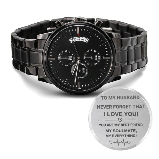 Engraved Watch for Husband I Love You Black Chronograph Watch Gift for Anniversary, Birthday, for him, Father's Day - I Love Heartstrings