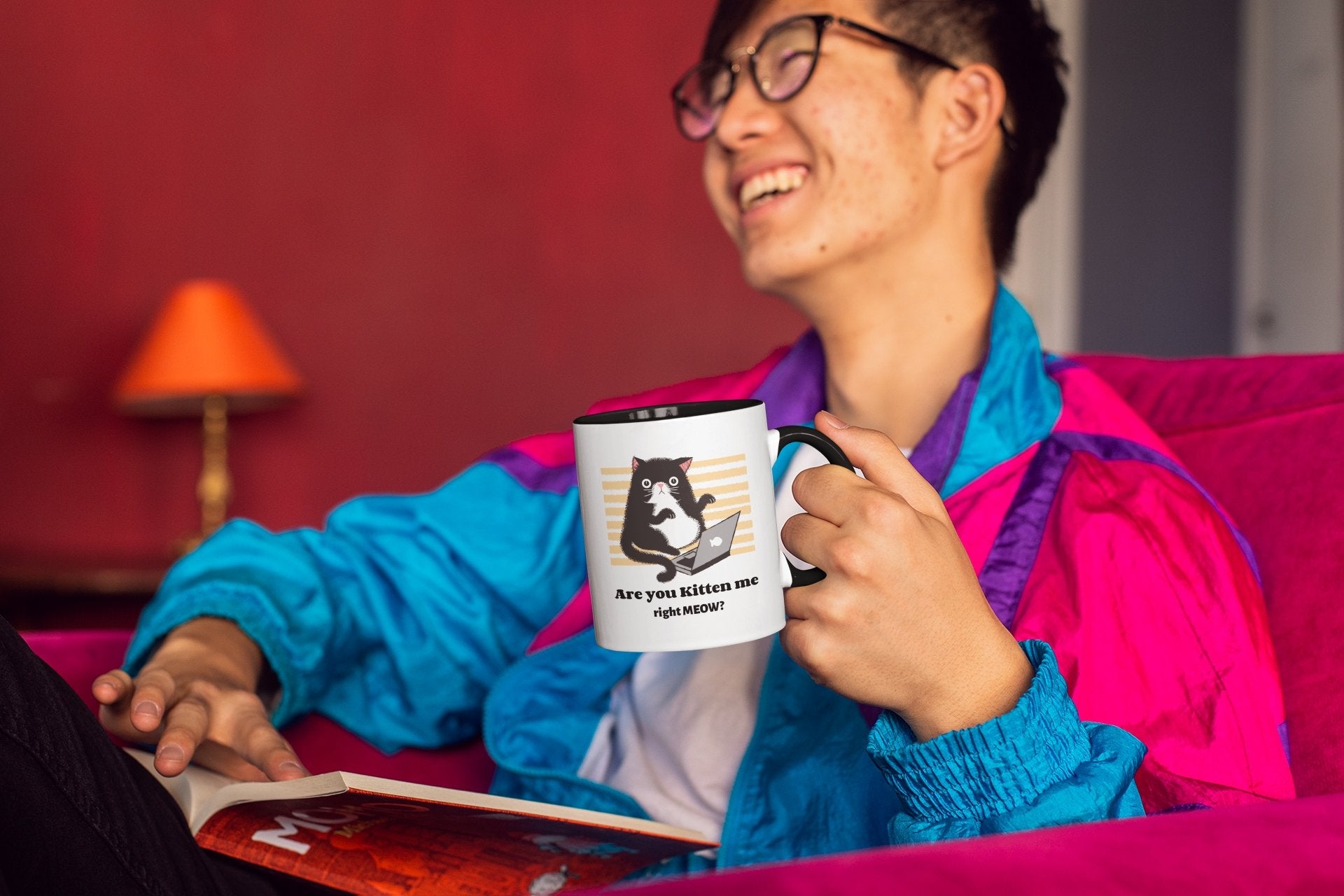 Funny Mug for College Student Are You Kitten Me, Black Handle Accent 11oz computer workaholic, cat lover gift, work at home present - I Love Heartstrings