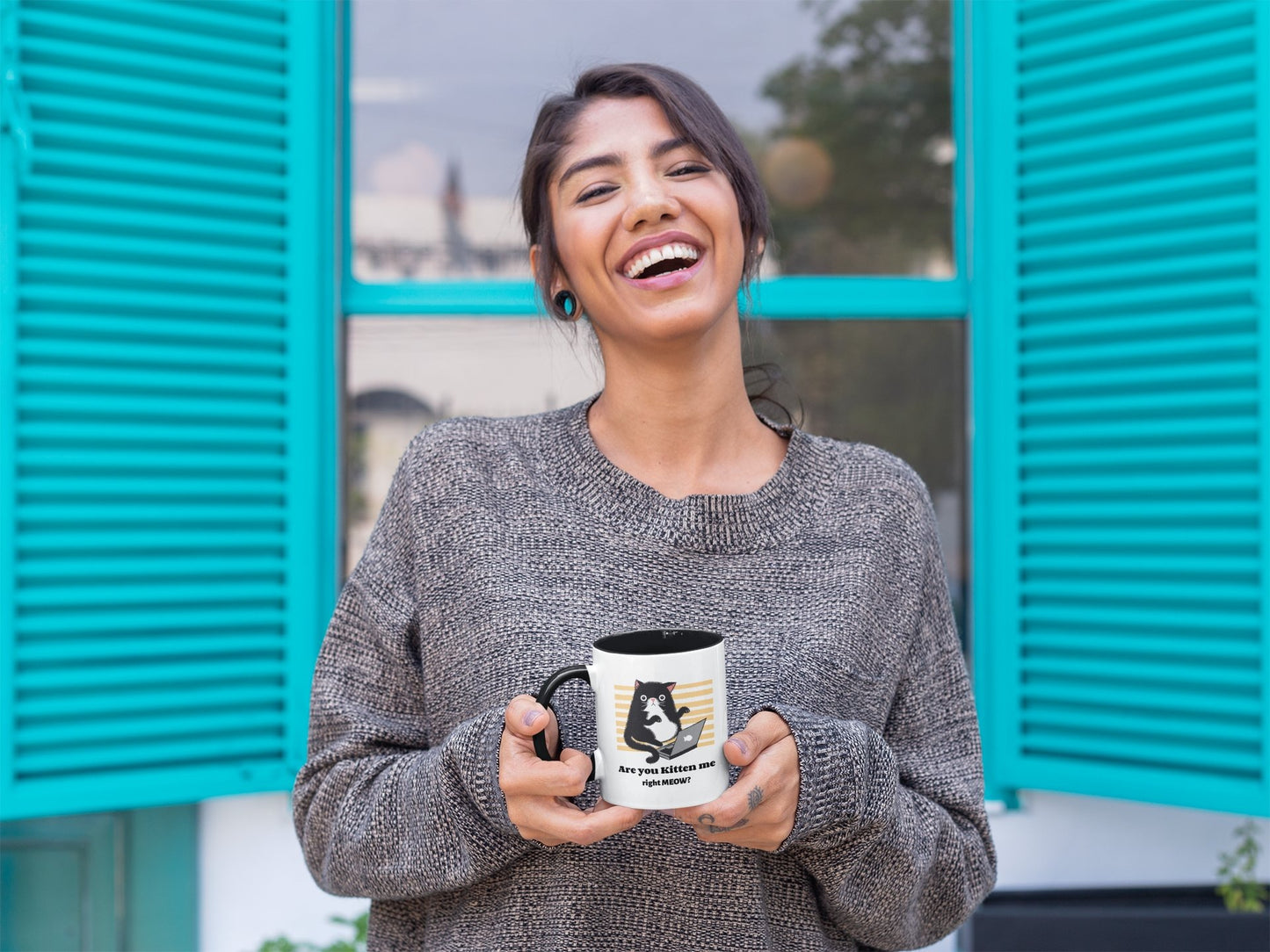 Funny Mug for College Student Are You Kitten Me, Black Handle Accent 11oz computer workaholic, cat lover gift, work at home present - I Love Heartstrings
