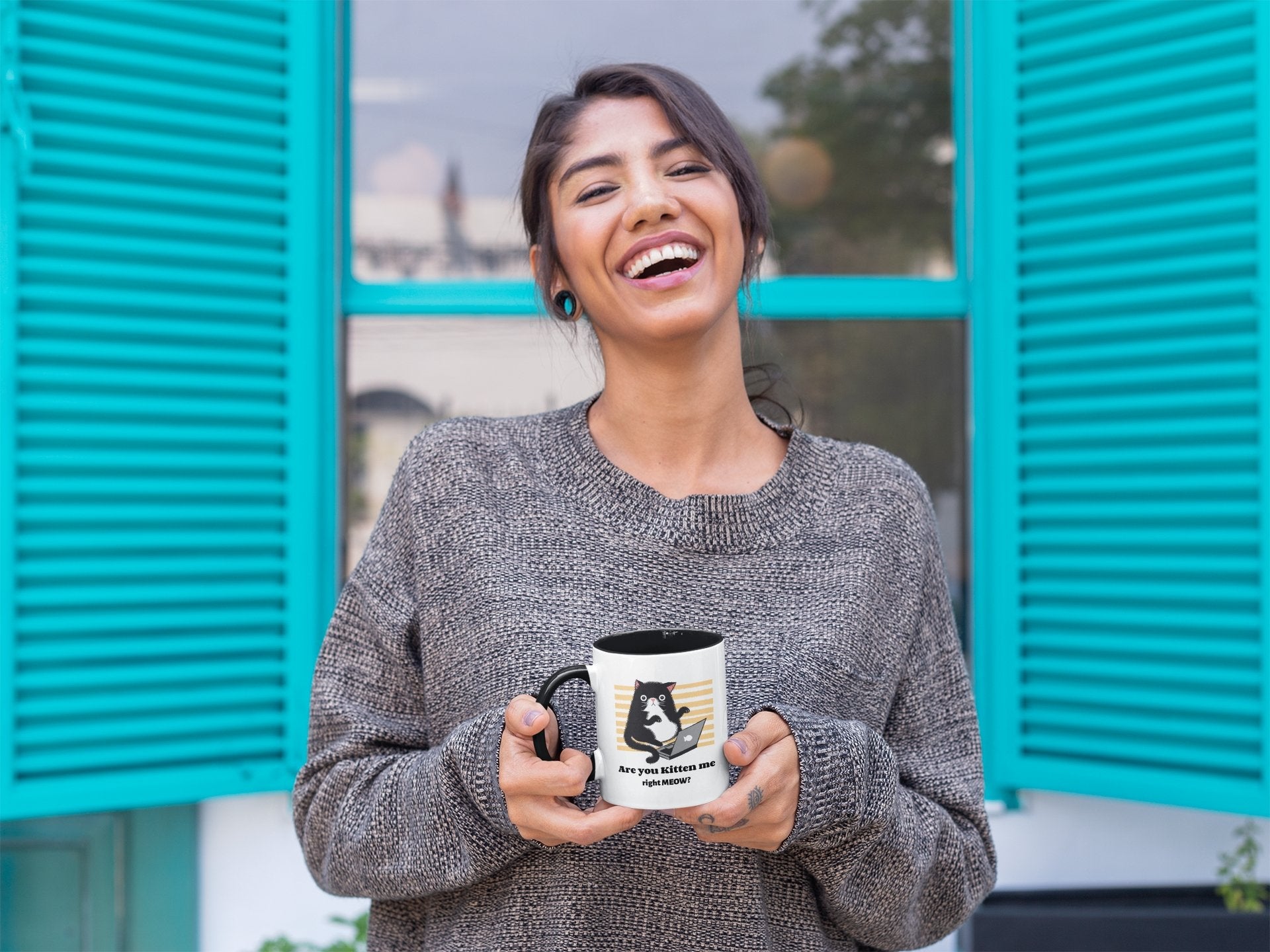 Funny Mug for College Student Are You Kitten Me, Black Handle Accent 11oz computer workaholic, cat lover gift, work at home present - I Love Heartstrings