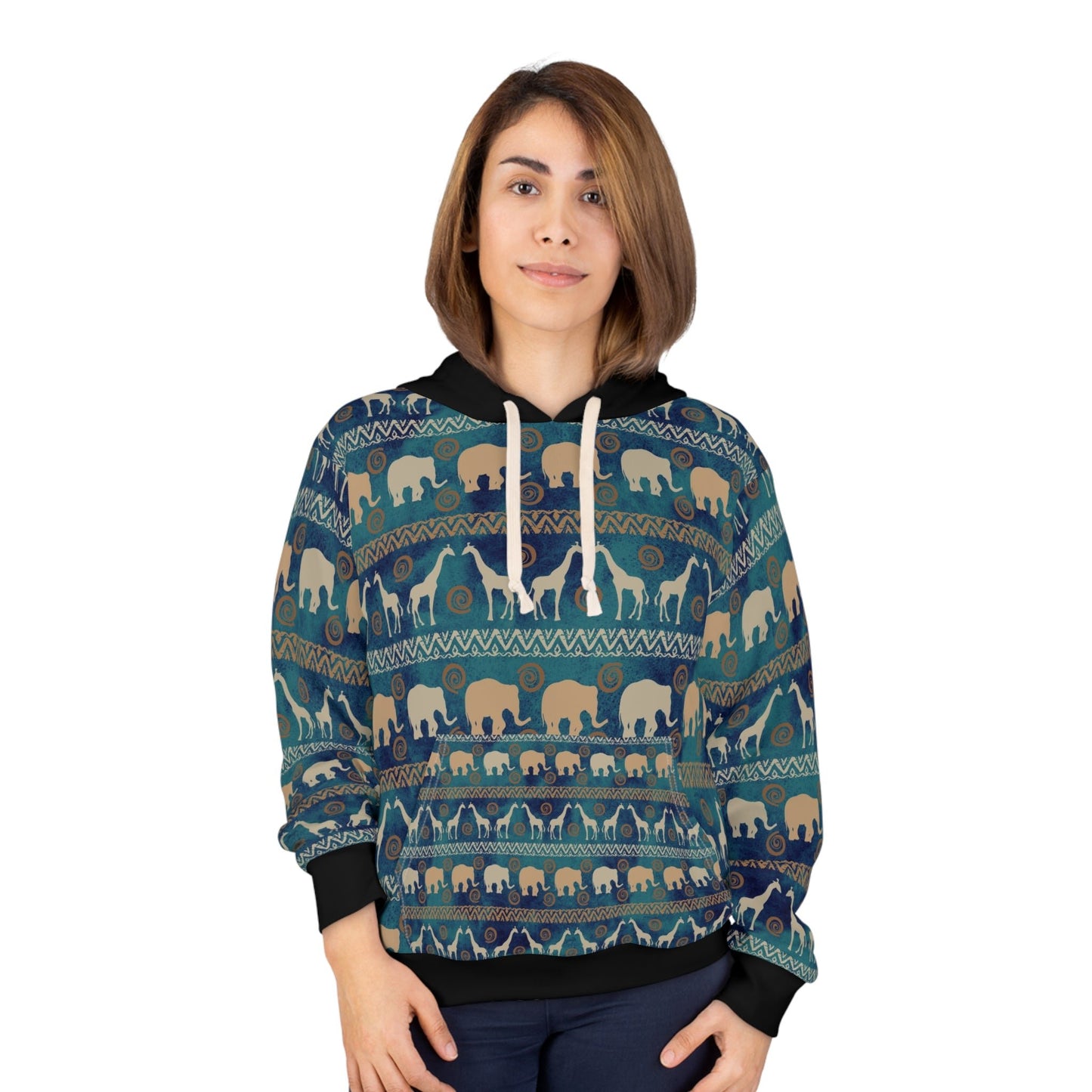 Giraffe and Elephant AOP Unisex Pullover Hoodie - I Love Heartstrings