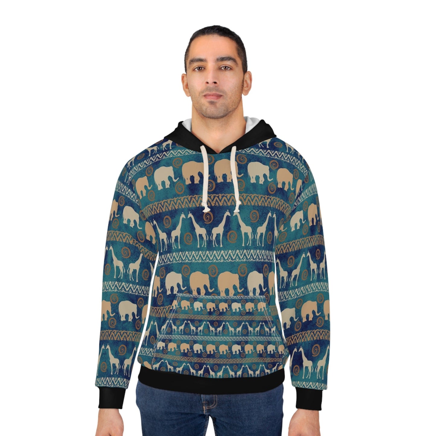 Giraffe and Elephant AOP Unisex Pullover Hoodie - I Love Heartstrings