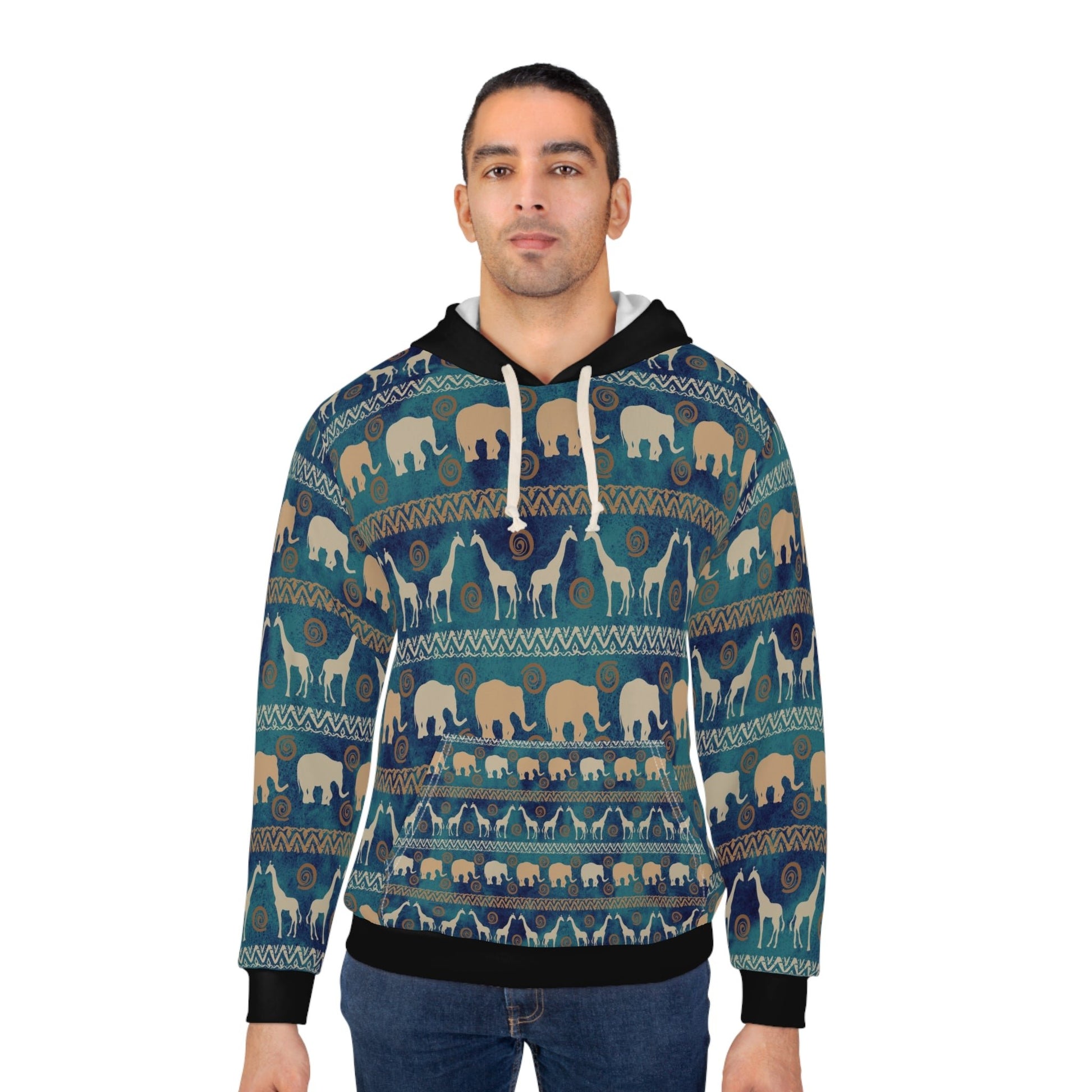 Giraffe and Elephant AOP Unisex Pullover Hoodie - I Love Heartstrings