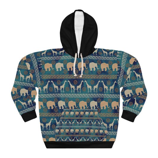 Giraffe and Elephant AOP Unisex Pullover Hoodie - I Love Heartstrings