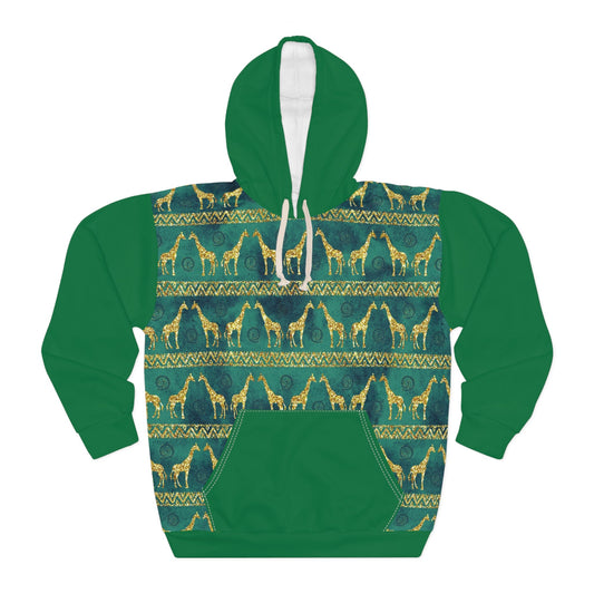 Green and Gold Pullover Unisex Hoodie Giraffe African Print pattern - I Love Heartstrings