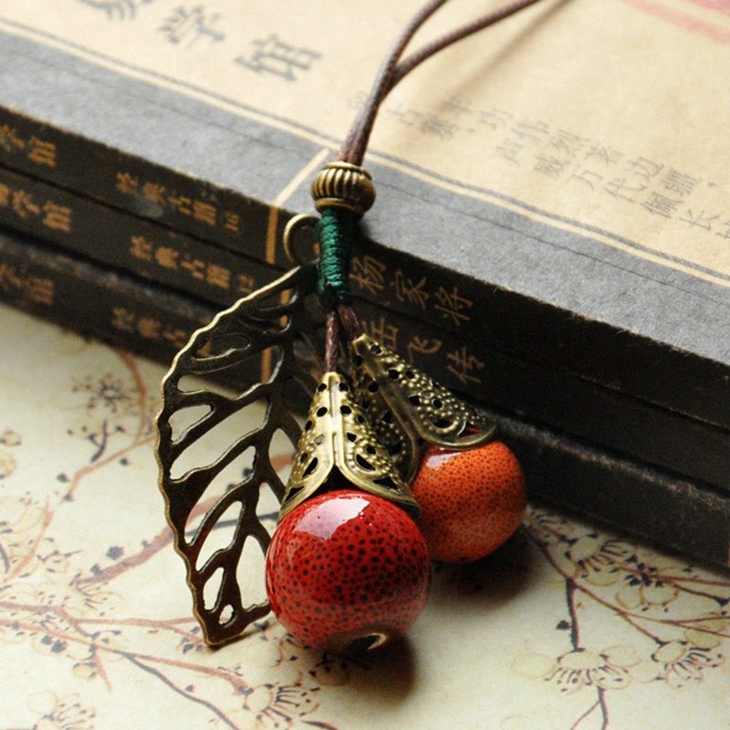 Leaf and Berries Ceramic Pendant Long Leather Rope Chain Ceramic Ball Pendant Vintage Sweater Necklace for Women Clothing Jewelry Accessories Gift - I Love Heartstrings