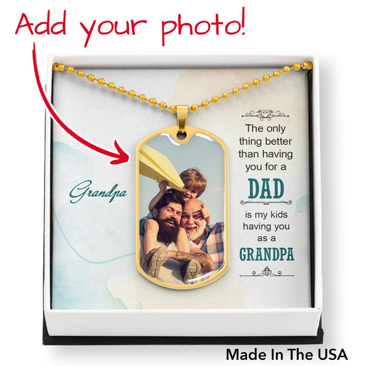 New Grandpa Photo Dog Tag Necklace 18k gold finish engravable pendant Gift for Grand father Dad - I Love Heartstrings