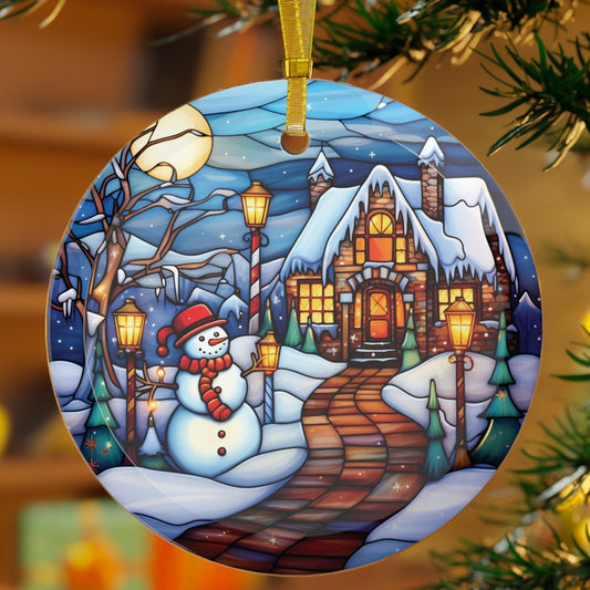 Snowy Cottage with Snowman Glass Christmas Ornament Holiday Tree Decoration - I Love Heartstrings