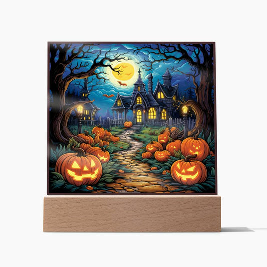 Spooky Halloween Town LED Square Acrylic Plaque Halloween Décor Haunted House and Jack-o-lanterns - I Love Heartstrings