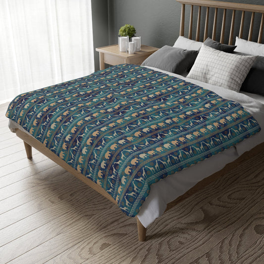 Velveteen Minky Blanket (Two-sided print) African Print with Elephants and Giraffes in Blue Gold and Green pattern - I Love Heartstrings
