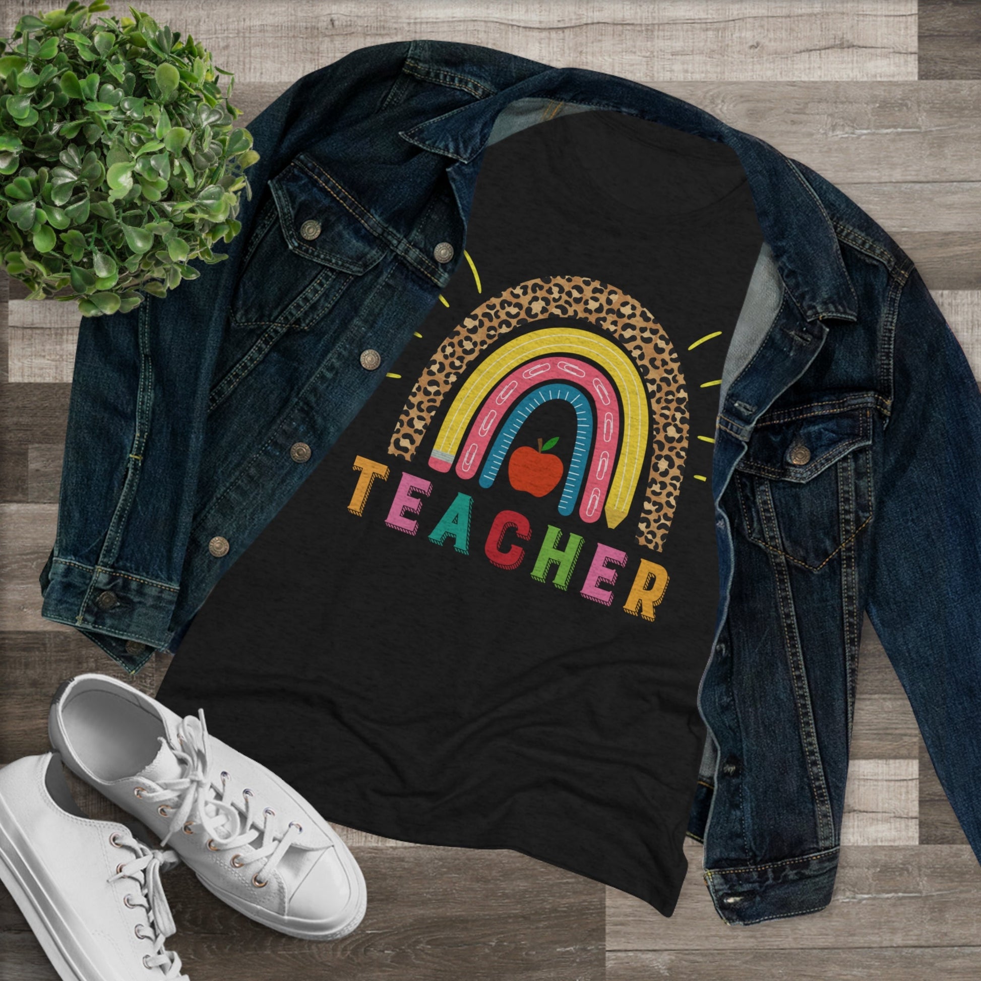 Women's Teacher Shirt in Black with Rainbow, Tri-blend Tee - I Love Heartstrings