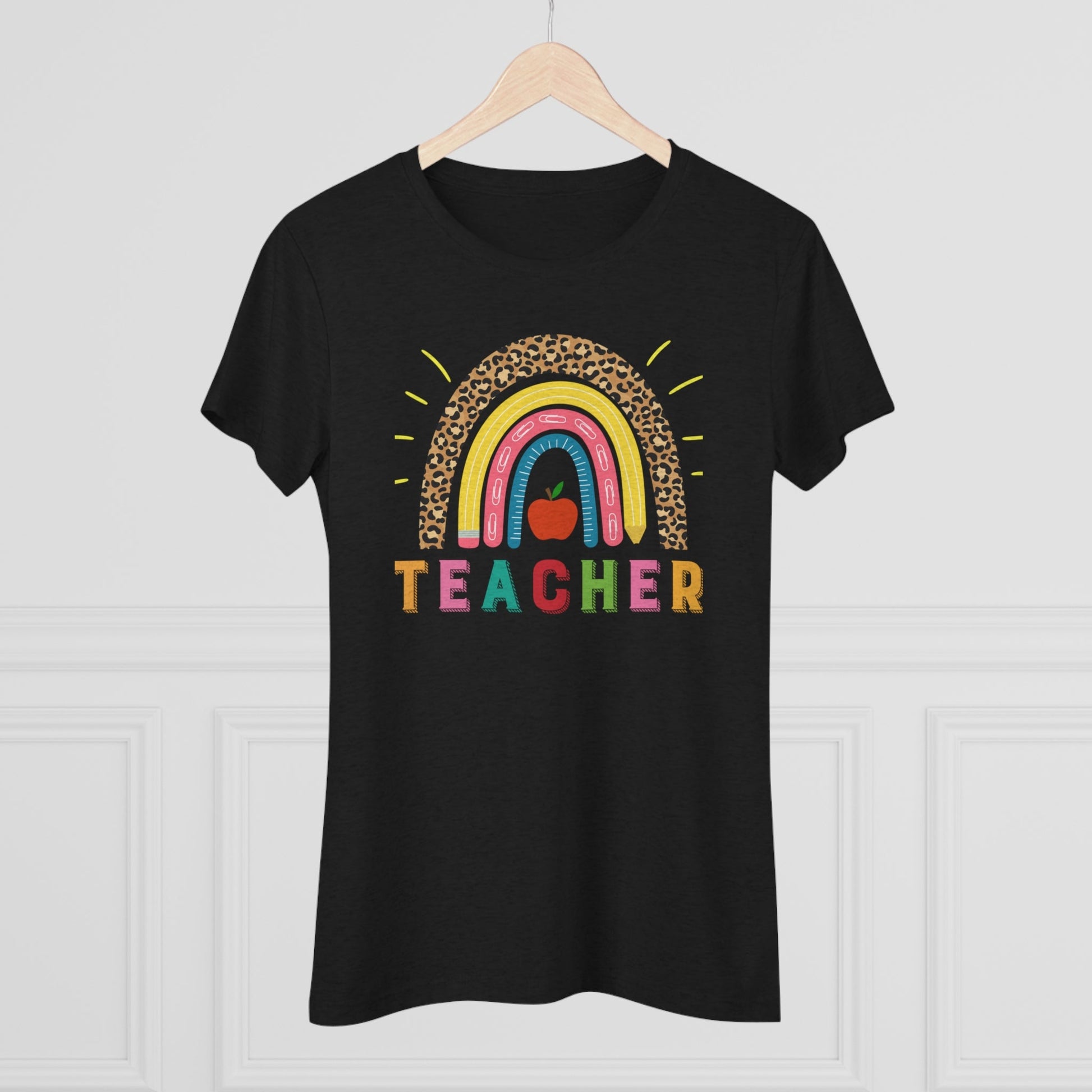 Women's Teacher Shirt in Black with Rainbow, Tri-blend Tee - I Love Heartstrings