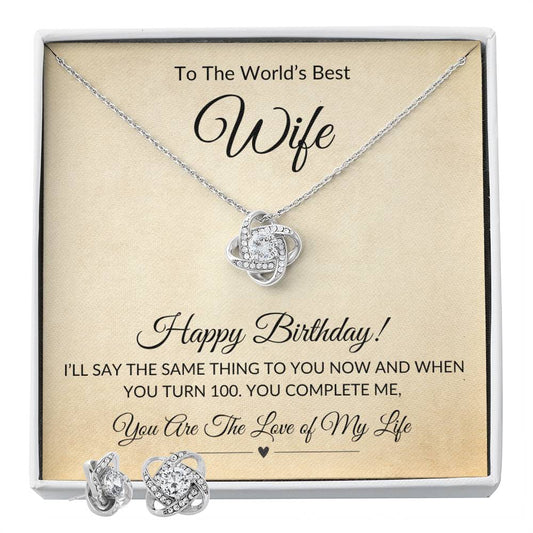 World's Best Wife Birthday Necklace for Spouse, You Complete Me Love of My Life Love Knot Necklace and Earring Set Gift for Wife - I Love Heartstrings