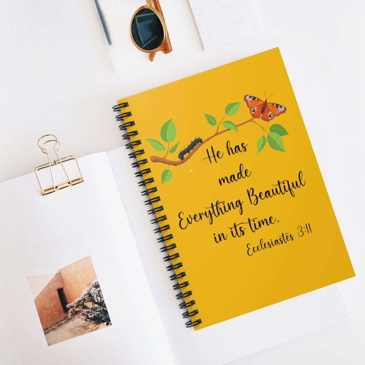 Yellow Ecclesiastes 3:11 Butterfly Spiral Bible Notebook Journal Ruled Line paper Christian journal for women keeping the faith gift for new believers - I Love Heartstrings